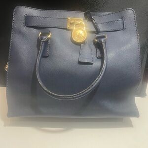 Michael Kors Navy Saffiano Leather Satchel with Gold Hardware